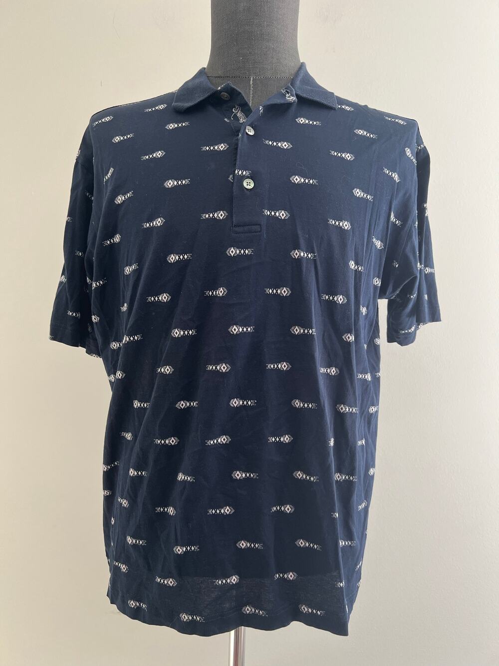 Bobby Jones Italy Polo Golf Shirt 100% Cotton Navy Blue White Abstract Medium SG